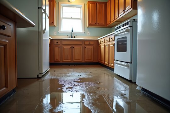 Photo Inspiration: Documenting the aftermath of a kitchen water leak with flooded floors and ruined appliances.