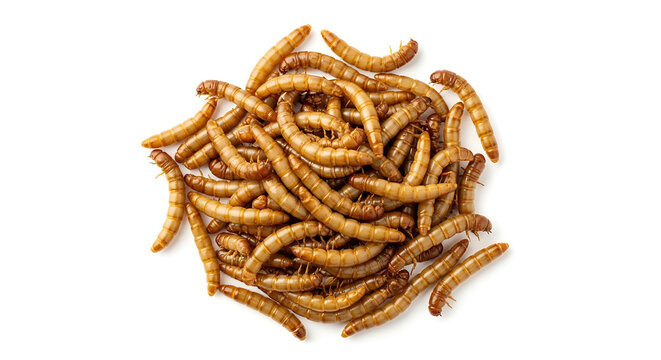 Pile of dried mealworms isolated on a white background with pet food with fishing bait with reptile food with bird food with animal feed with live food