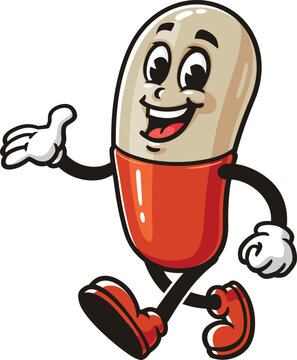 Cartoon mascot of a pill capsule is walking