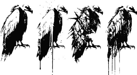 Four stylized black vultures perched, ink splatter effect, grunge texture illustration