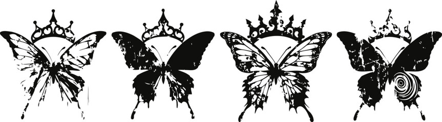 Fototapeta premium black and white butterfly silhouettes with crowns, grunge decorative winged insects in a row