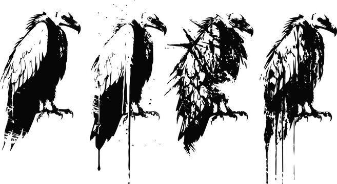 Four stylized black vultures perched, ink splatter effect, grunge texture illustration