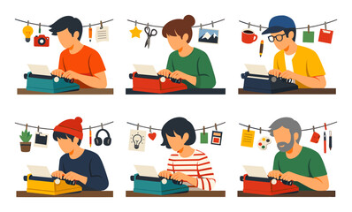 Fototapeta premium Diverse men and women writing stories and content on typewriters, surrounded by creative tools and inspiration