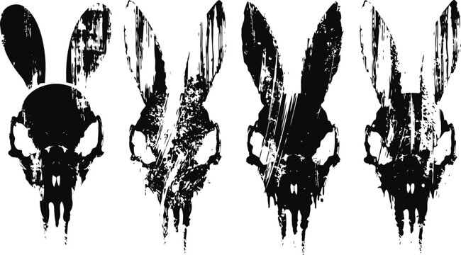 Grunge rabbit skull silhouettes with textured distressed vertical stripes