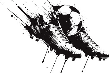 Obraz premium Dynamic soccer cleats kicking a ball with ink splash effect in monochrome