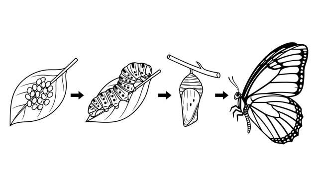 A line drawing illustrates the life cycle of a butterfly from eggs on a leaf to larva, pupa, and adult butterfly.