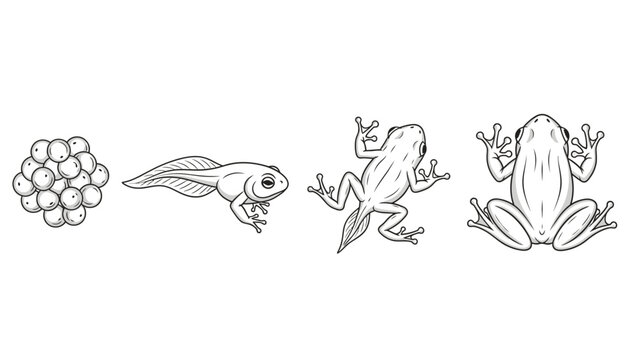 Line art illustrations of frog life cycle stages from eggs to tadpole to adult frog on white background.