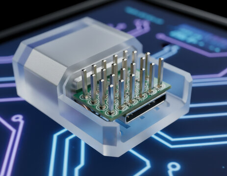 Type C connector macro shot with metallic pins high detail modern device showing intricate electrical component on glowing circuit board background evoking futuristic technological advancement