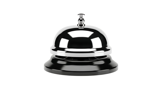 Chrome reception desk bell with a black base isolated on a white background with call bell with customer service with hotel bell