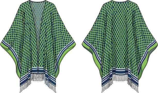 Green patterned kimono poncho illustration, front and back views with tassel details, fashion garment design, modern textile vector isolated on white background