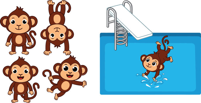 Cute cartoon monkey characters in different poses and monkey jumping into swimming pool vector illustration set