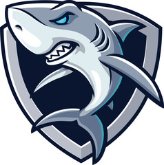 Naklejka premium Shark cartoon mascot with shield background