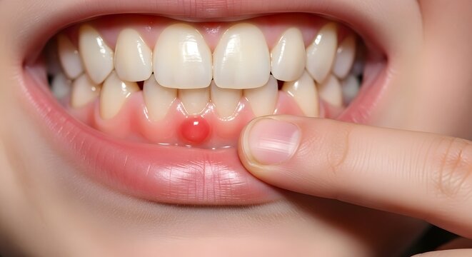 Close-up of a person pointing to a dental abscess on inflamed gums. Concept of gingivitis, oral infection, and the importance of periodontal health and professional dental care treatment