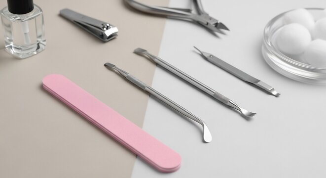 Manicure Tools and Nail Care Essentials Arranged on a Clean Surface.