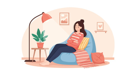Fototapeta premium Woman relaxing on bean bag modern cozy home illustration