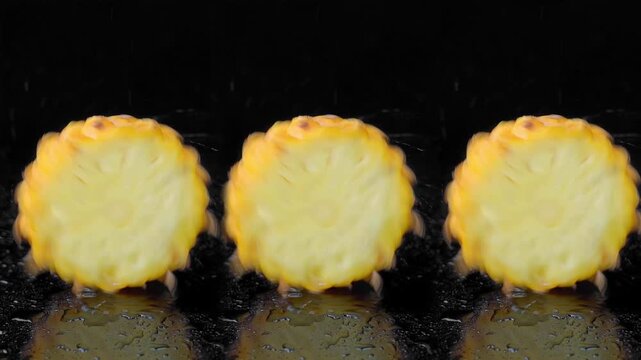 Macro Extreme Close-up of Fresh Pineapple Splashing in Water and Rotating Slices on Black Background, Food Ads