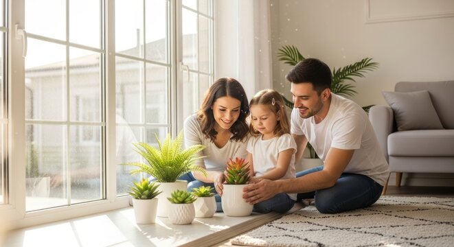 Family gardening together at home with potted plants by bright window