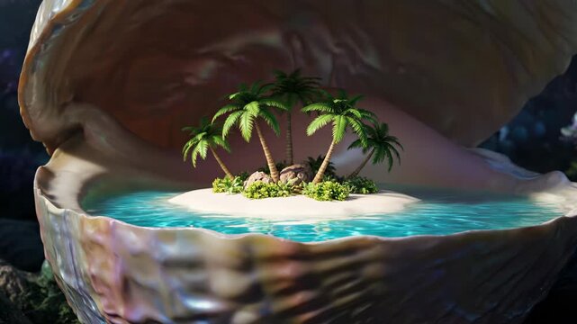 Miniature tropical island scene inside an opened seashell