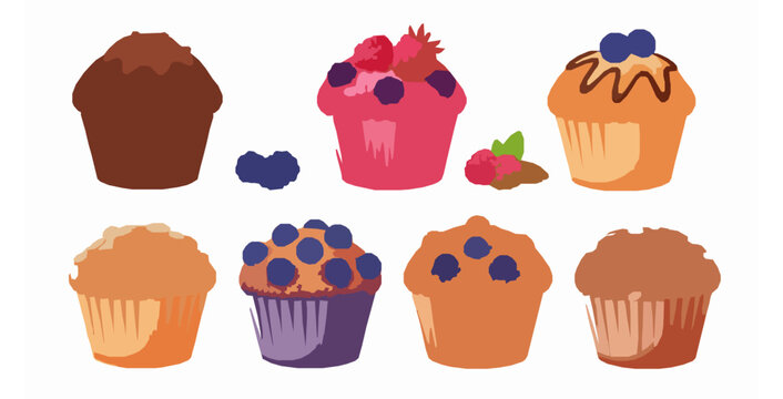 Set of assorted muffins chocolate raspberry blueberry and oatmeal flat vector illustration