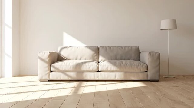 Minimalist interior with a beige sofa, floor lamp, and sunlit window