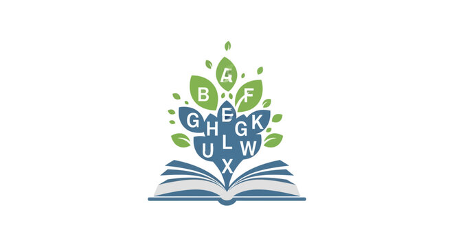 Open Book with Letters and Leaves.