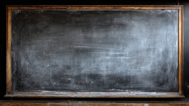 A blank blackboard with a wooden frame against a dark background