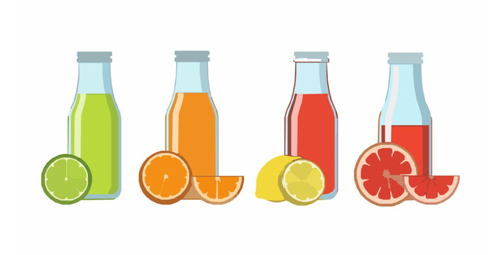 Citrus juices in glass bottles lime orange lemon grapefruit flat vector illustration