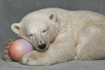 Fototapeta premium Enchanting easter greetings: a polar bear cub's celebration. Professional photo. Gentle polar cub with pastel egg against a soothing gradient. Copy space. Modern style.