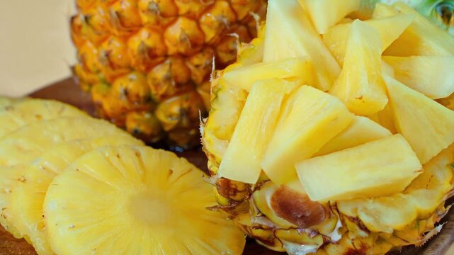 Macro Close-up of Fresh Whole and Sliced Pineapple Rings and Chunks on Wooden Plate, Black Background for Food Ads