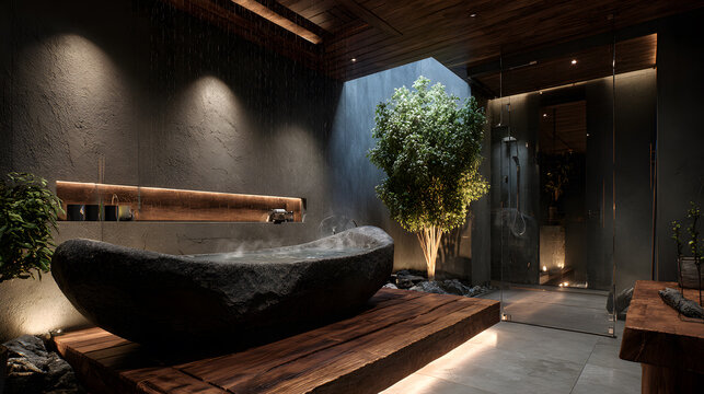 Luxury bathroom spa, volcanic stone tub, rainfall shower, dim recessed lighting, cedar wood accents, eucalyptus branches, misty atmosphere, hyper-realistic