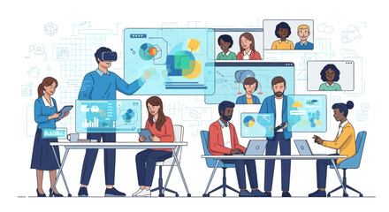 Naklejka premium Diverse team collaborating with virtual reality technology and data analysis on multiple screens