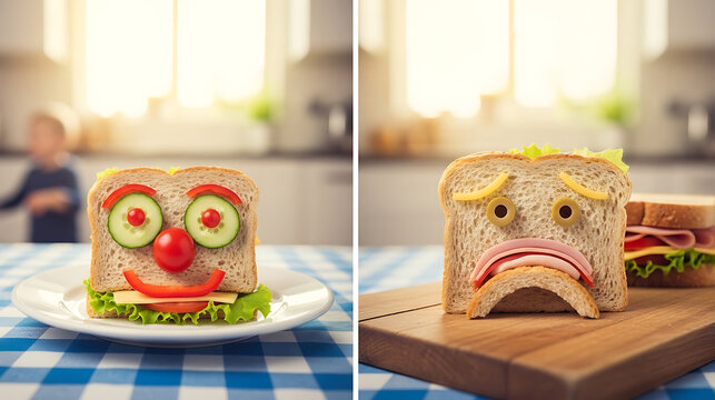 Funny sandwich faces with vegetables and lunch meat with sandwich making