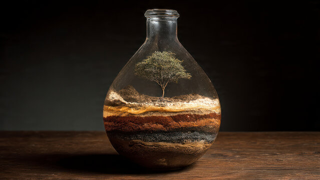 Sebuah botol anggur dan parfum dari kaca di atas meja kayu tua dengan kendi berisi cairan minyak zaitun untuk memasak bahan makanan sehat sebagai obyek dekoratif