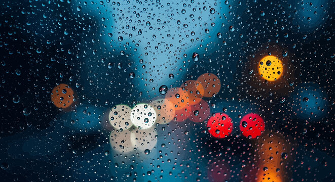 Raindrops on Window with Colorful Bokeh Lights at Night, Abstract Urban Scene Vector Illustration