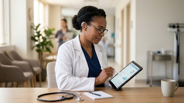 Solo Doctor with Hearing Aid Reviewing Generic Digital Record on Tablet
