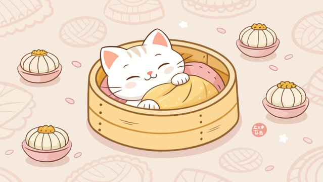 Adorable white kitten curled up in bamboo steamer with dumplings kawaii style illustration for food and animal lovers cozy scene