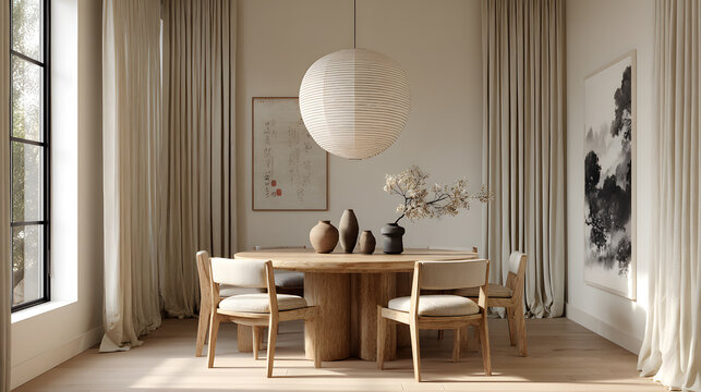 Modern Japandi dining room, circular wooden table, paper lantern pendant light, clay vases, minimalist art, light linen curtains, airy and peaceful, high-end photography