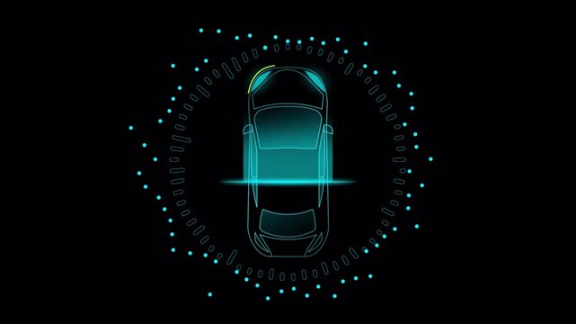 Futuristic car HUD interface with top view vehicle and circular radar system, glowing blue sci fi automotive dashboard, digital driving assistance visualization