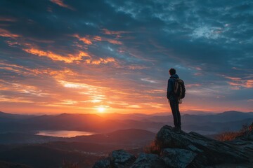 Obraz premium Backpacker enjoying peaceful sunset in the mountains