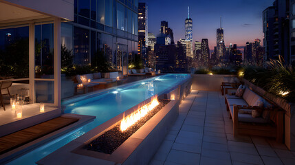 Fototapeta premium Modern penthouse rooftop garden, outdoor fireplace, infinity pool edge, porcelain pavers, architectural landscape, city skyline at twilight, luxury outdoor living