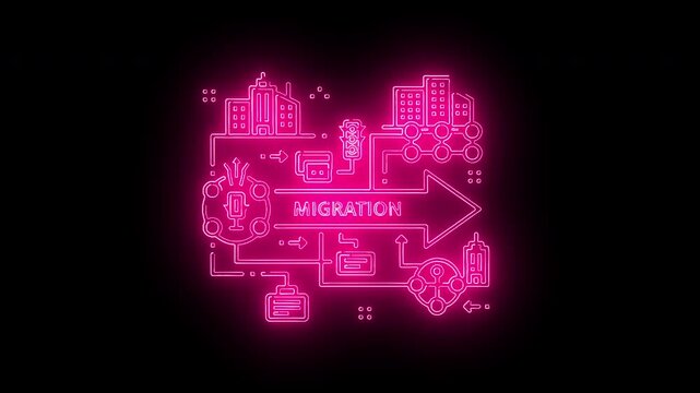 Neon pink glow illustration of a data migration concept with cityscape and technology icons on a black background.
