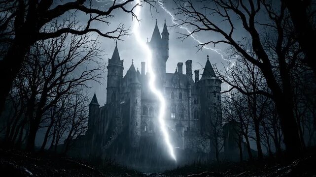 Spooky, gothic castle in a foreboding forest during a stormy, dark night