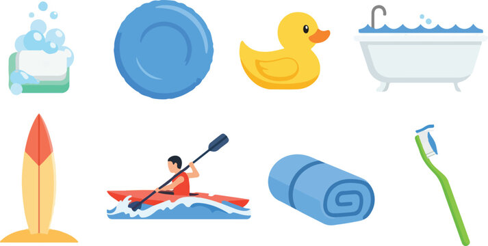 Collection of diverse leisure and hygiene items including soap rubber duck surfboard kayak towel and toothbrush.