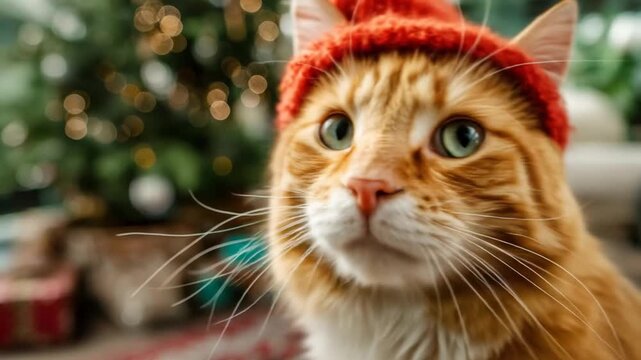 Ginger cat in red hat with blurred christmas tree background