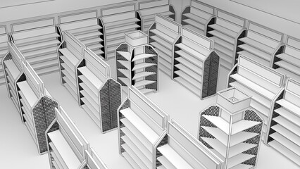 Outline drawing of the trading floor mockup with metal double-sided shelving with blank topper and diamond grid. 3d illustration © Wire_man