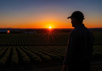 Fototapeta premium Farmer in silhouette looking over expansive fields at sunset
