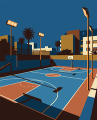 Basketball Illustration, Dynamic Sports Artwork, Court Action Scene with Dramatic Lighting © wadih