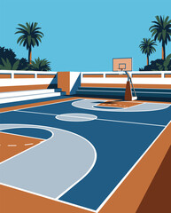 Basketball Illustration, Dynamic Sports Artwork, Court Action Scene with Dramatic Lighting © wadih