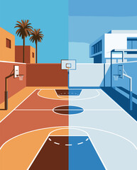 Basketball Illustration, Dynamic Sports Artwork, Court Action Scene with Dramatic Lighting © wadih