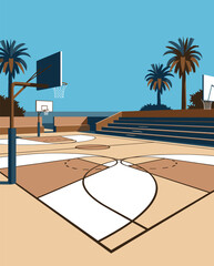 Basketball Illustration, Dynamic Sports Artwork, Court Action Scene with Dramatic Lighting © wadih